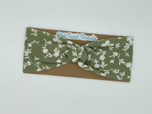 Adult Knot Headband - Green with White Flowers