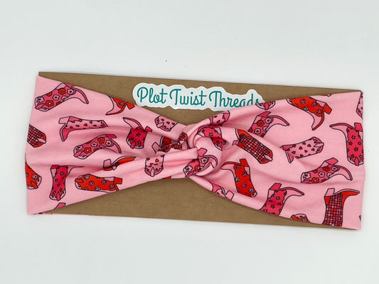 Adult Knot Headband - Pink Cowgirl Boots