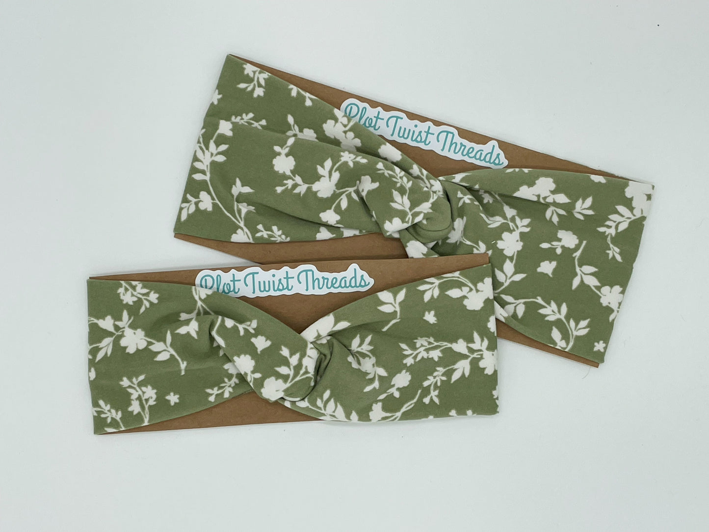 Youth Knot Headband - Green with White Flowers