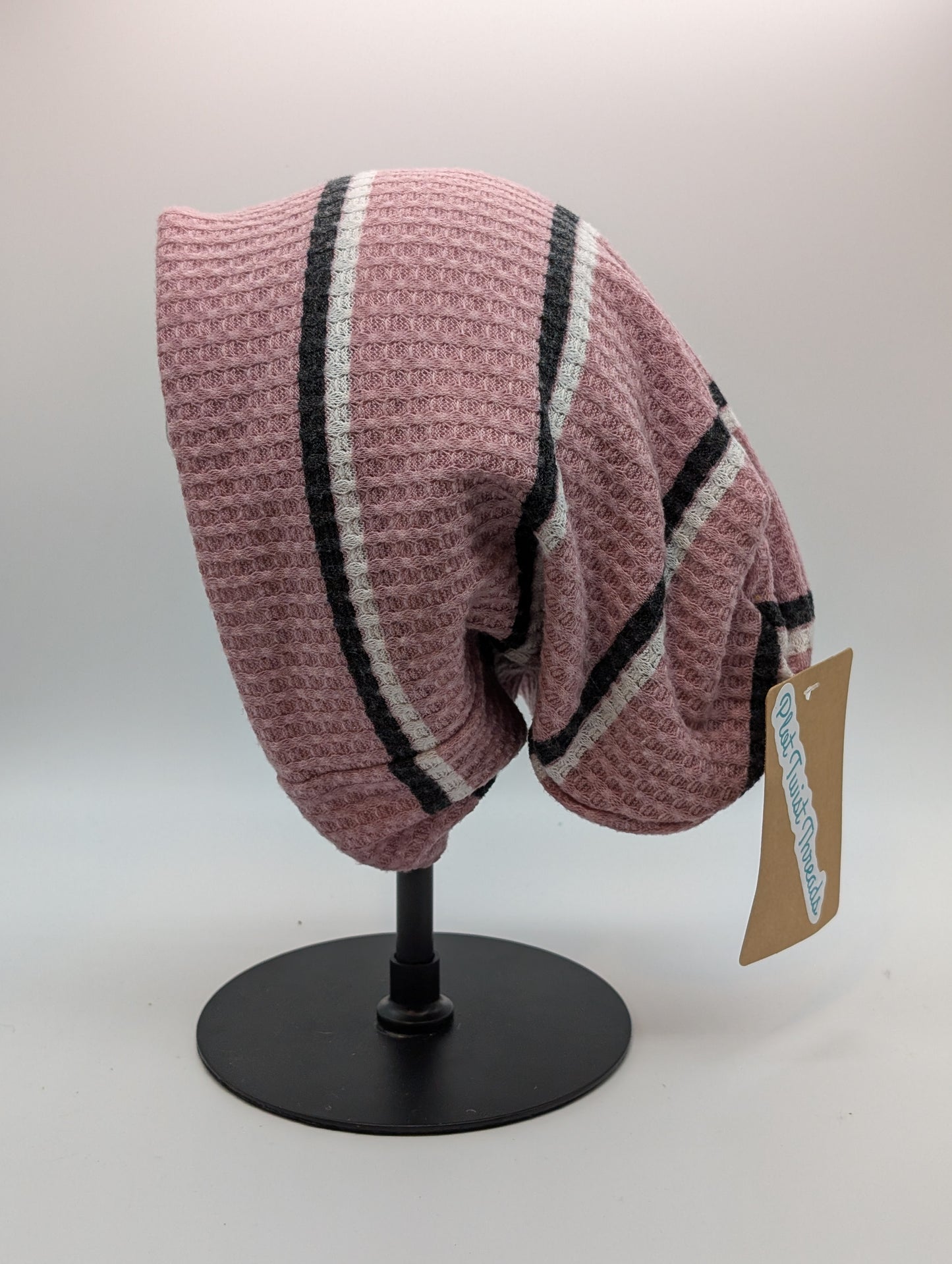 Beanie - Slouchy Beanie - Waffle Knit - Pink/Black Stripe