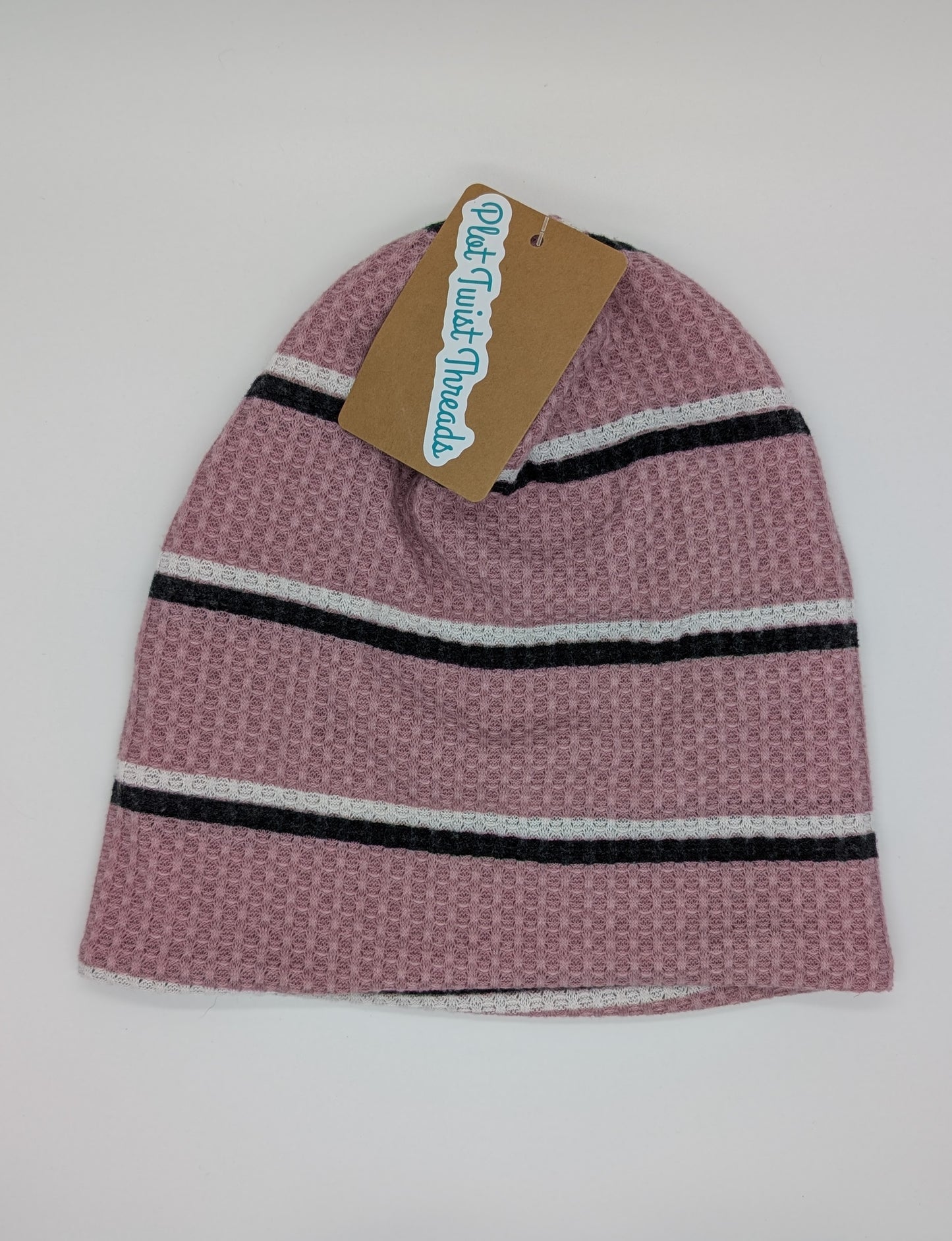 Beanie - Slouchy Beanie - Waffle Knit - Pink/Black Stripe