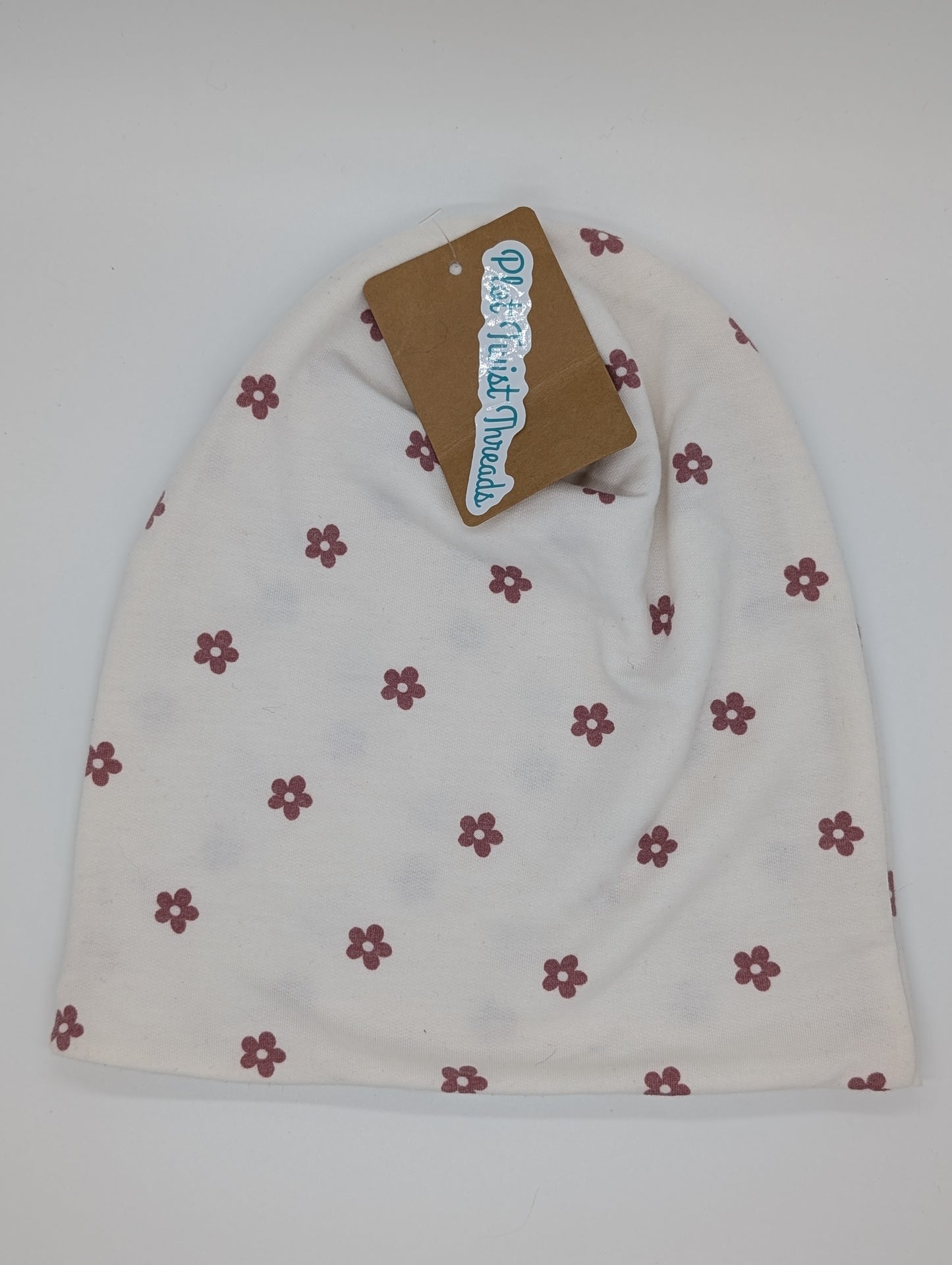 Beanie - Slouchy Beanie - White with Pink Flowers