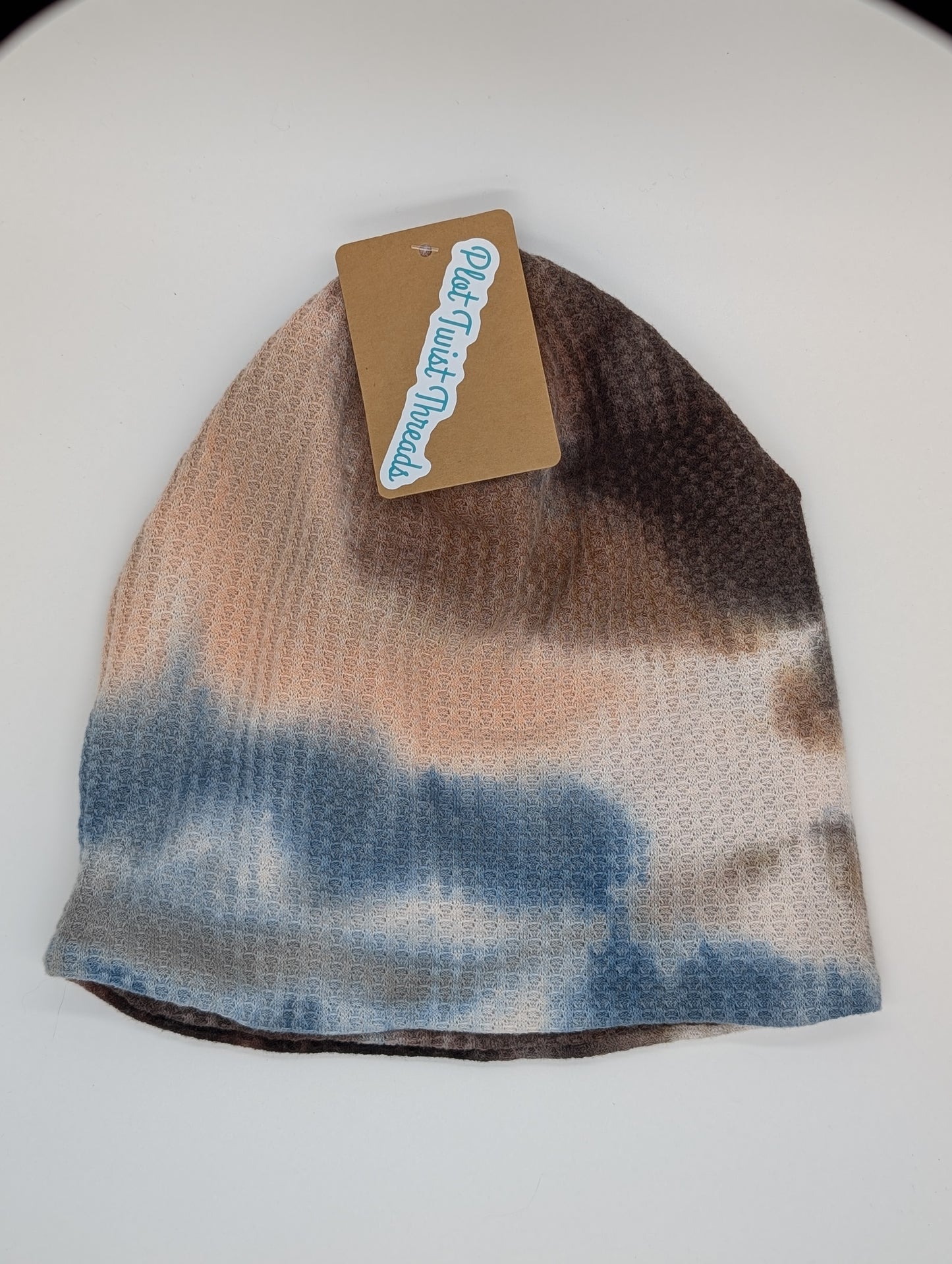 Beanie - Slouchy Beanie - Waffle Knit - Blue/Brown Tie Dye