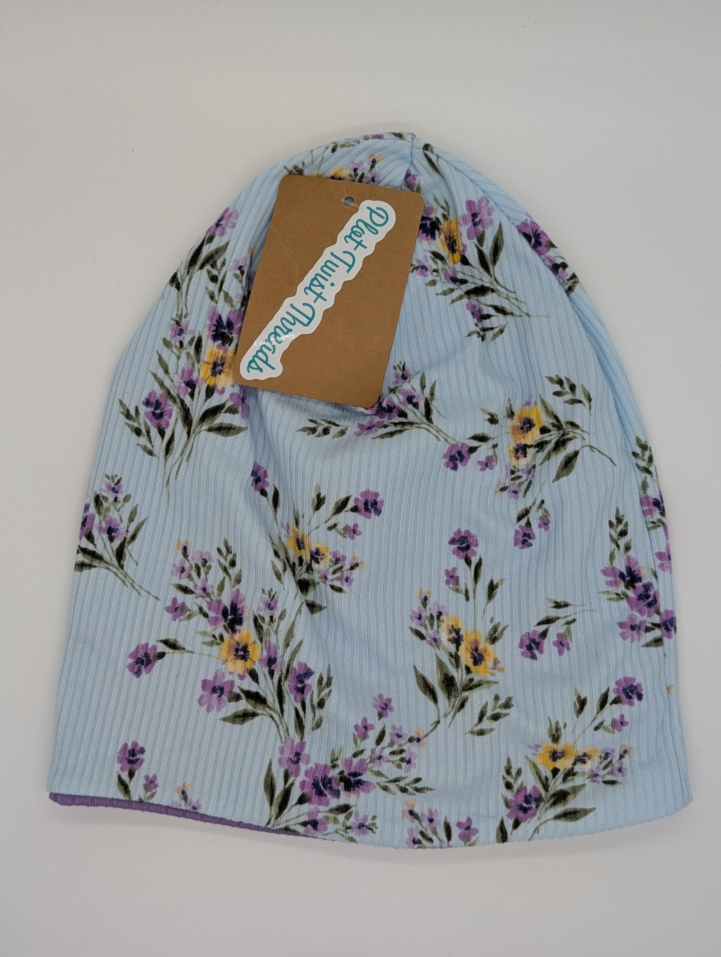 Beanie - Slouchy Beanie - Rib Knit - Blue Floral