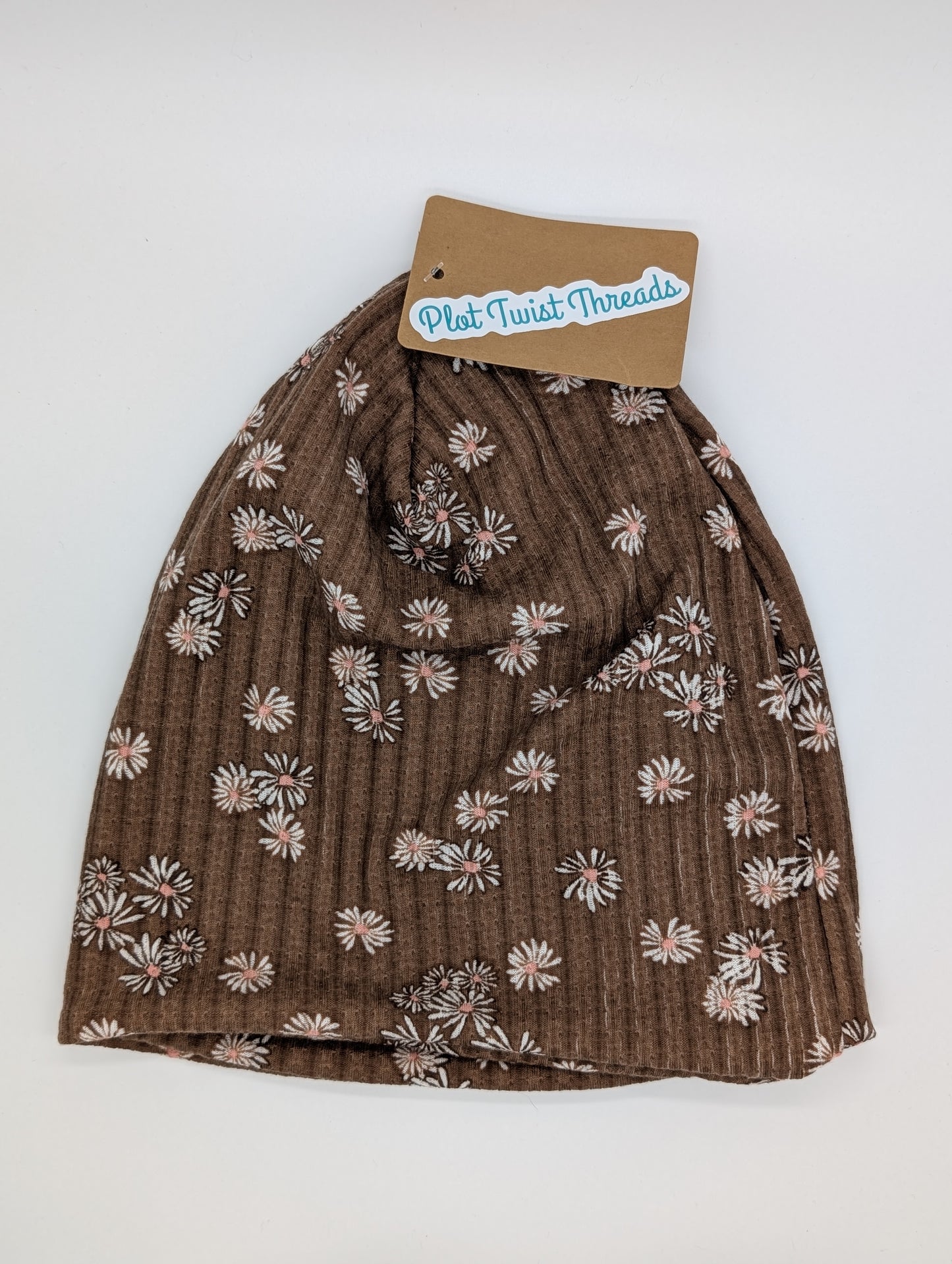 Beanie - Slouchy Beanie - Pointelle - Brown Daisies