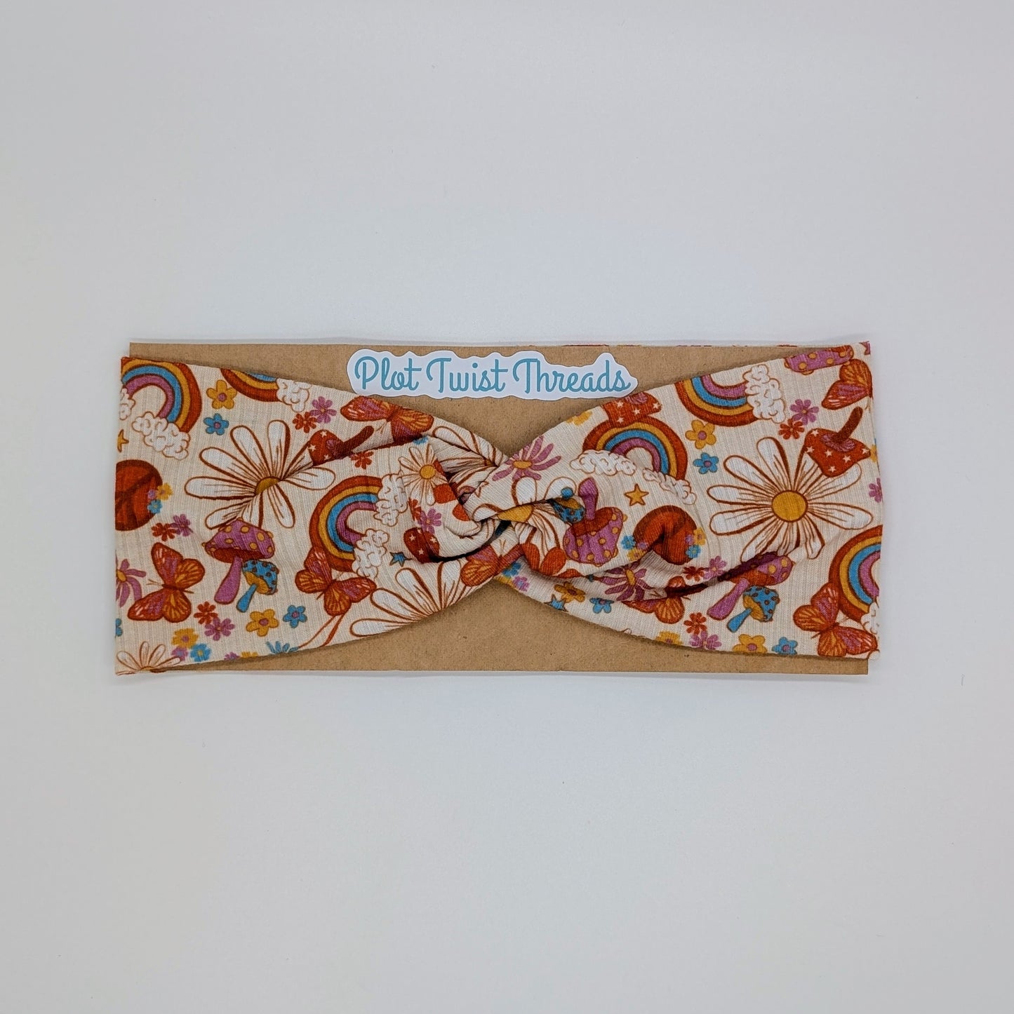Adult Twist Headband - Rib Knit - Mushrooms Rainbows Peace