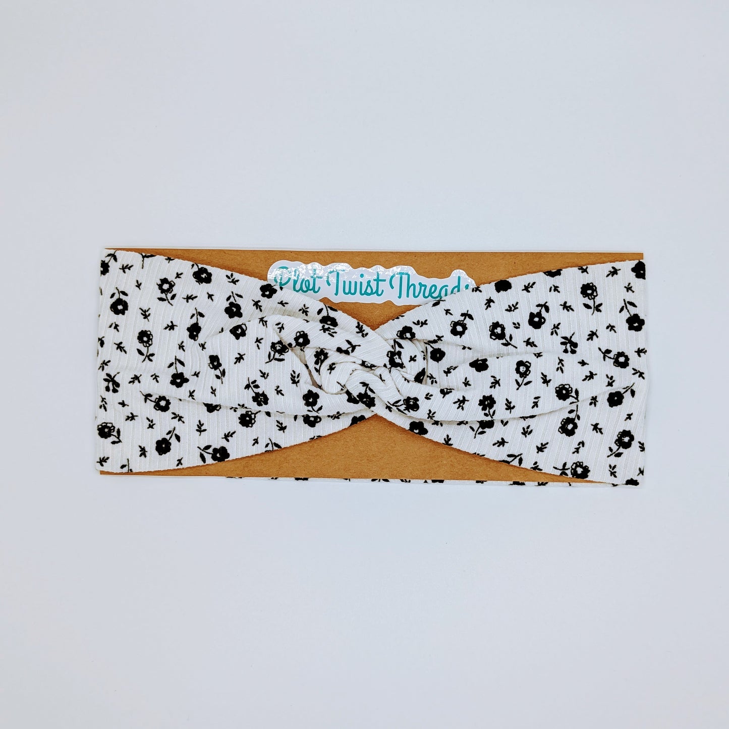 Adult Twist Headband - Rib Knit - White with Black Ditsy Flowers