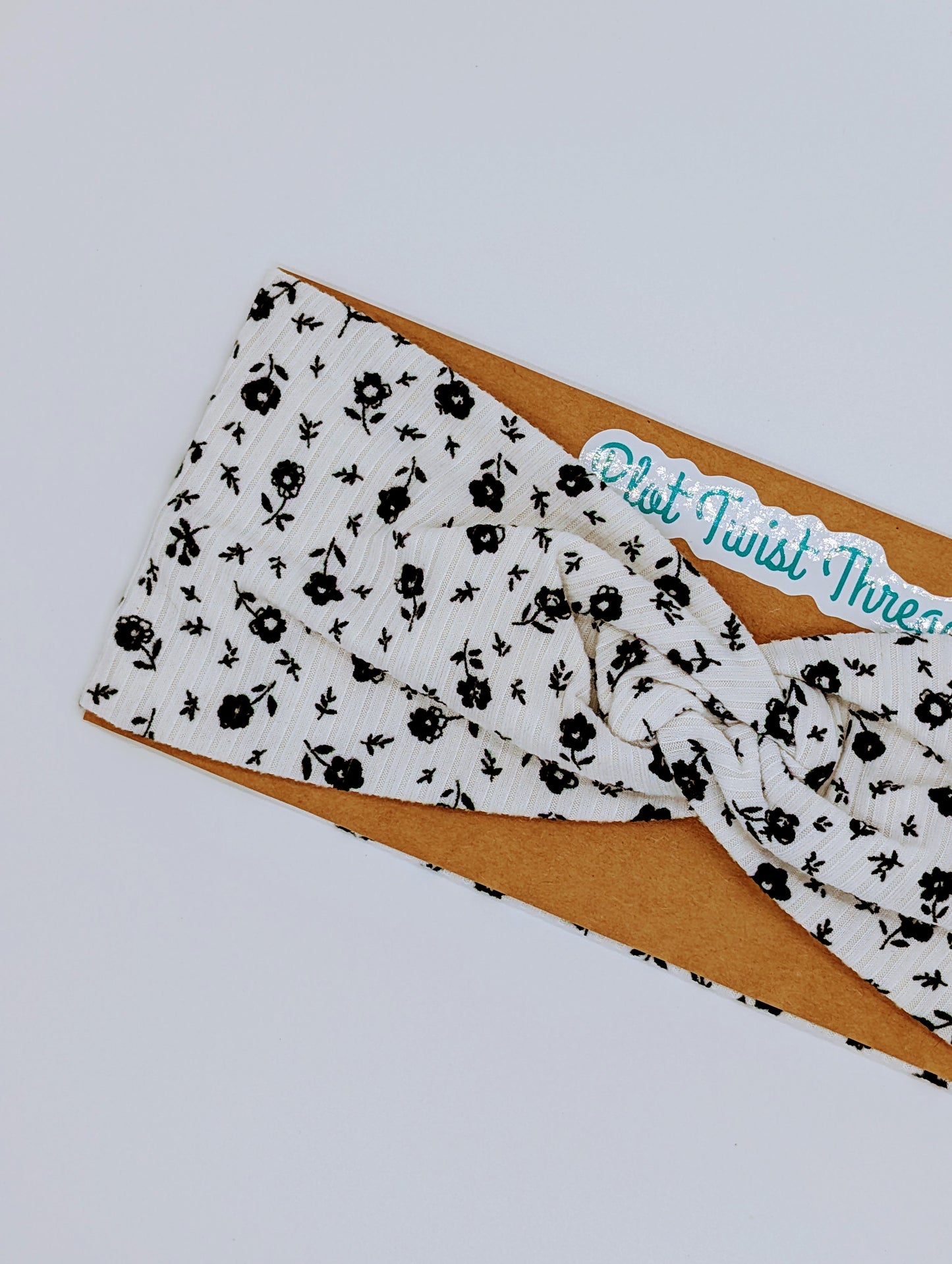 Adult Twist Headband - Rib Knit - White with Black Ditsy Flowers