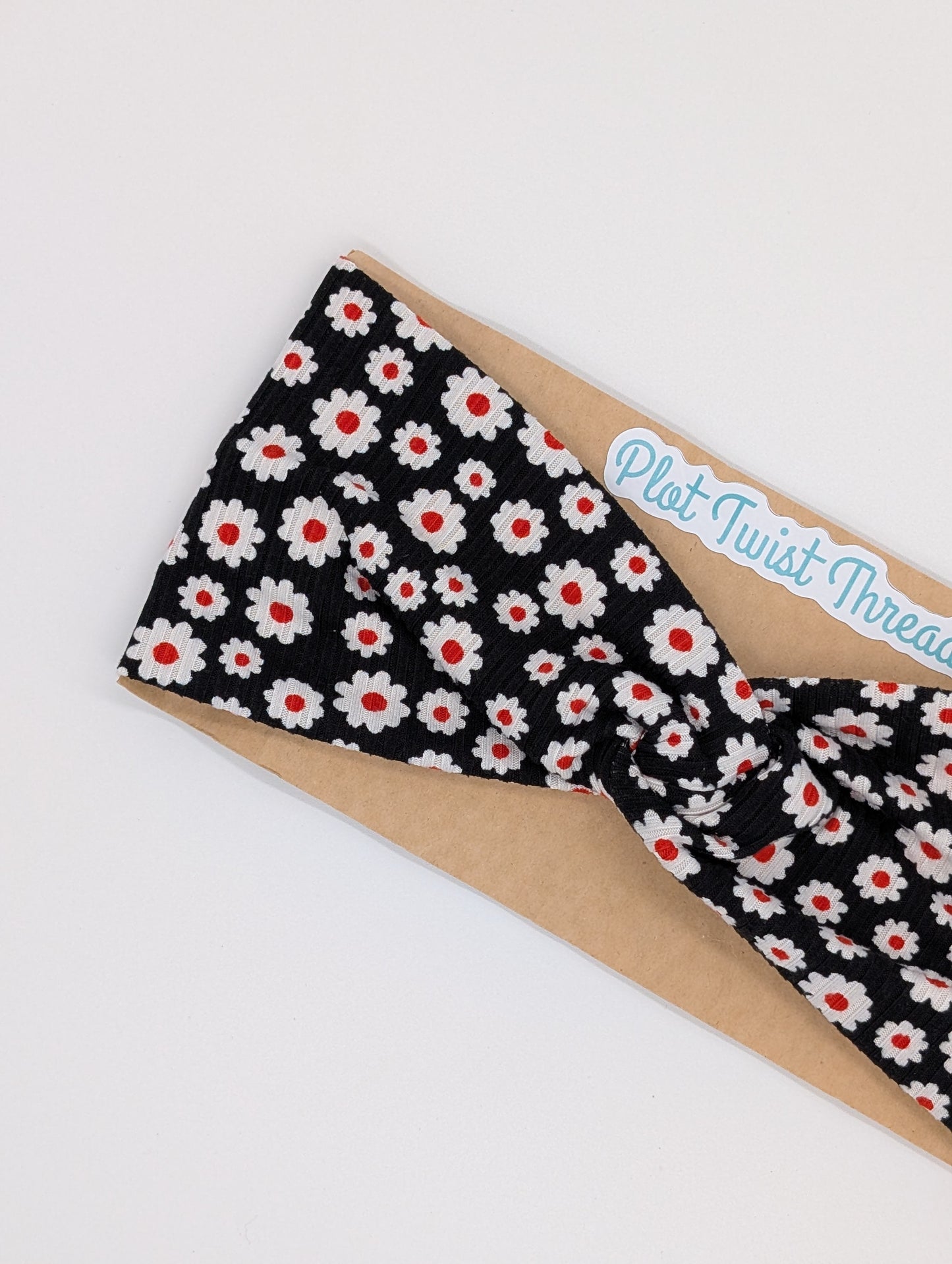 Adult Twist Headband - Rib Knit - Black with White Daisies