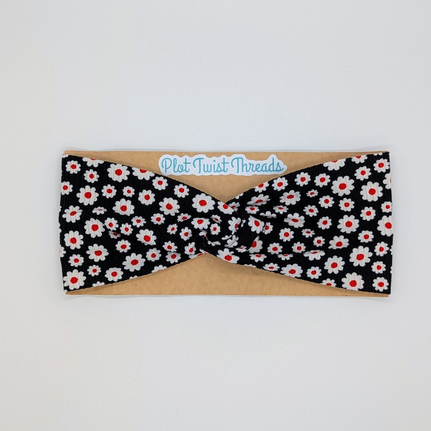 Adult Twist Headband - Rib Knit - Black with White Daisies