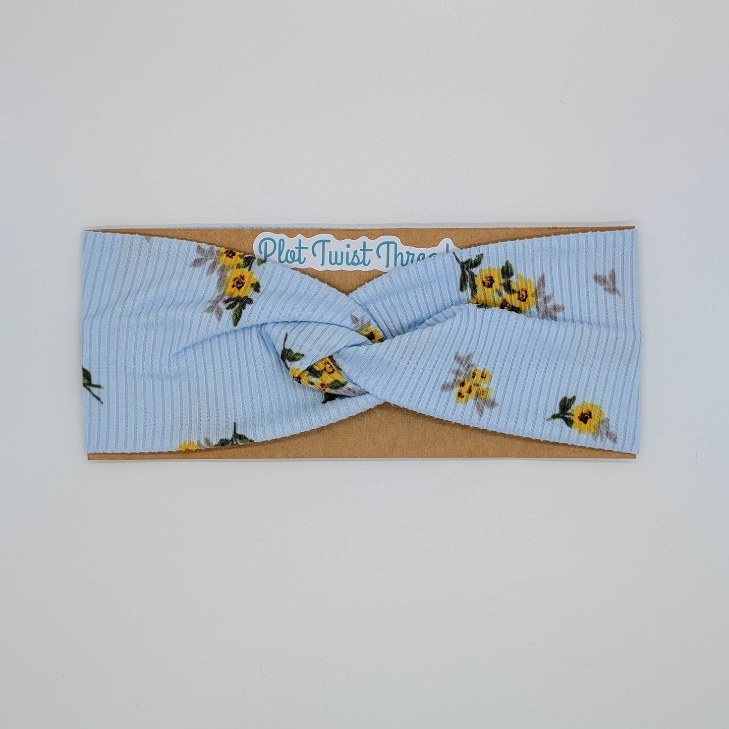 Adult Twist Headband - Rib Knit - Light Blue w/ Yellow Flowers