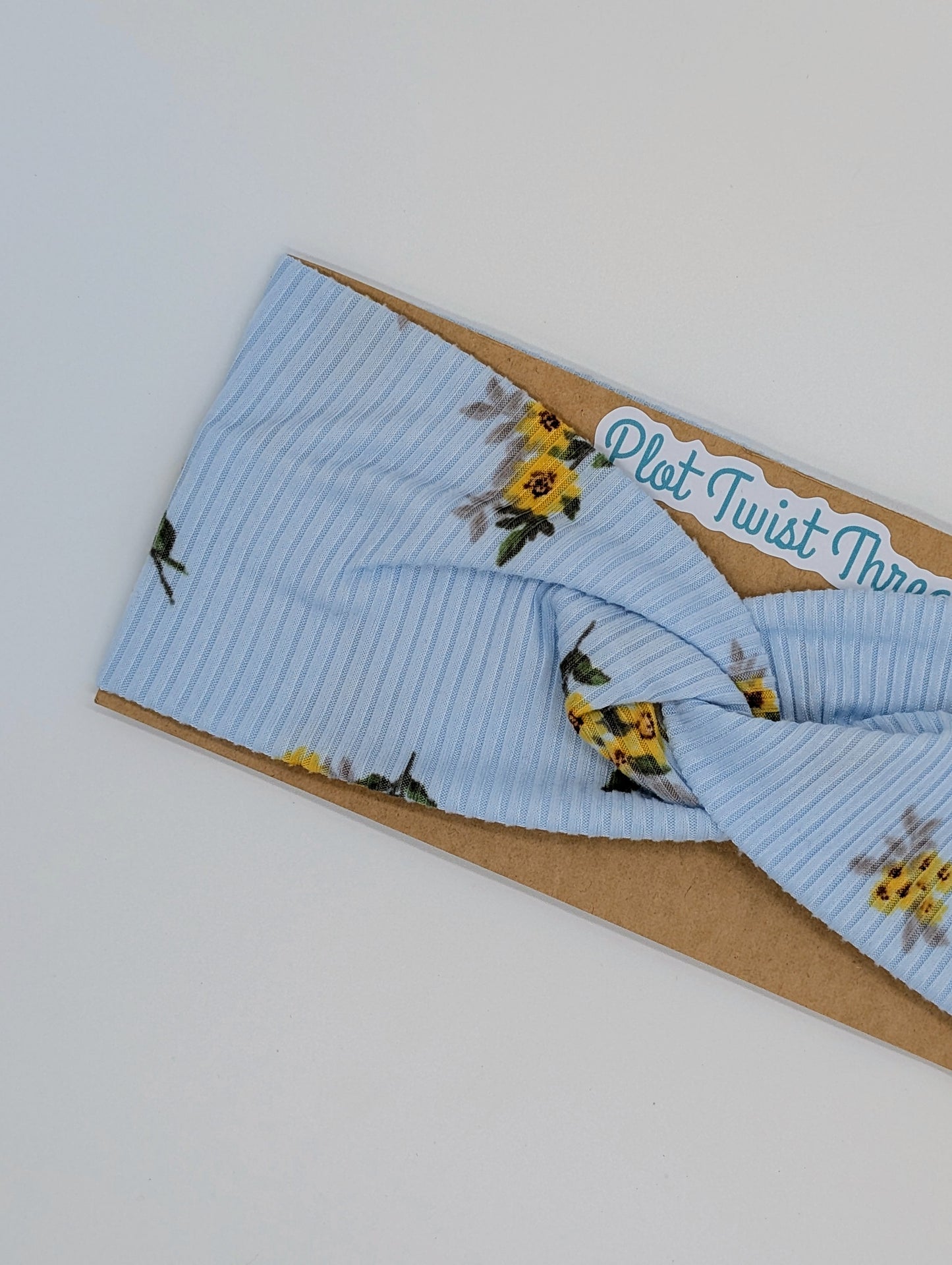 Adult Twist Headband - Rib Knit - Light Blue w/ Yellow Flowers