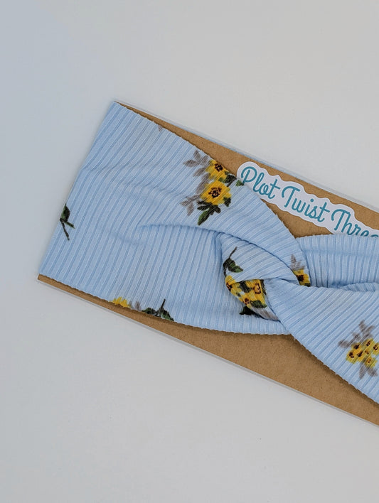 Adult Twist Headband - Rib Knit - Light Blue w/ Yellow Flowers