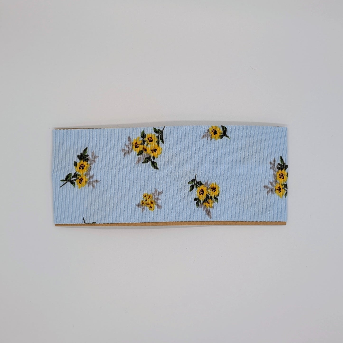 Adult Twist Headband - Rib Knit - Light Blue w/ Yellow Flowers