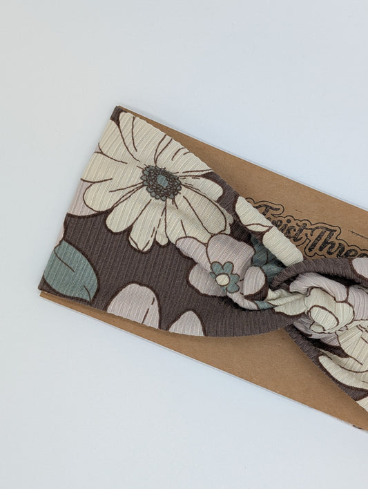 Adult Twist Headband - Rib Knit - Brown Floral