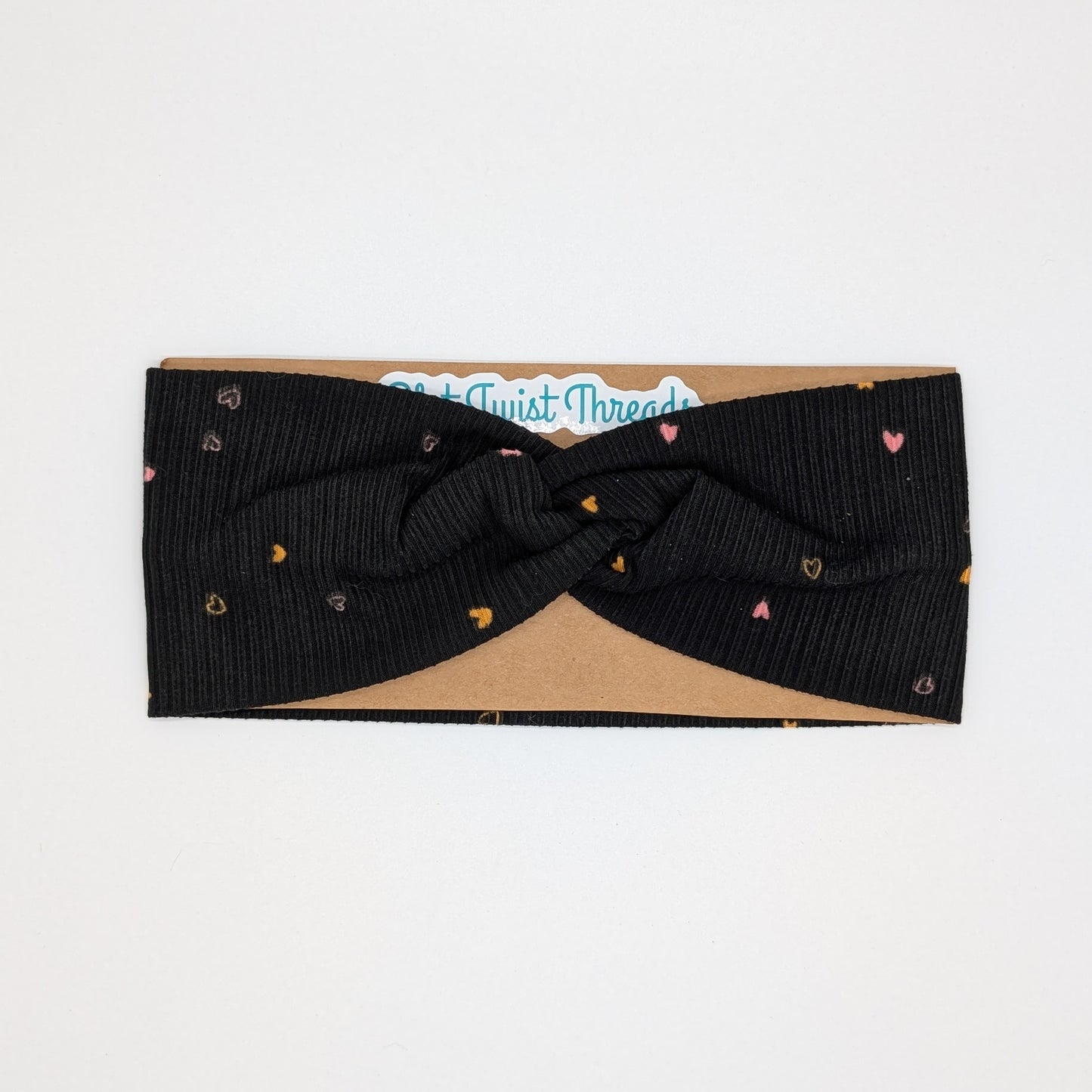 Adult Twist Headband - Rib Knit - Black with Tiny Hearts