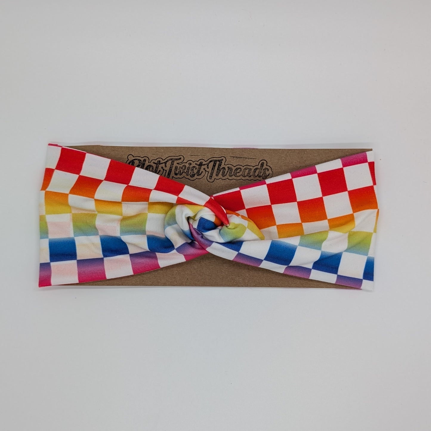Adult Twist Headband - Rainbow Checks