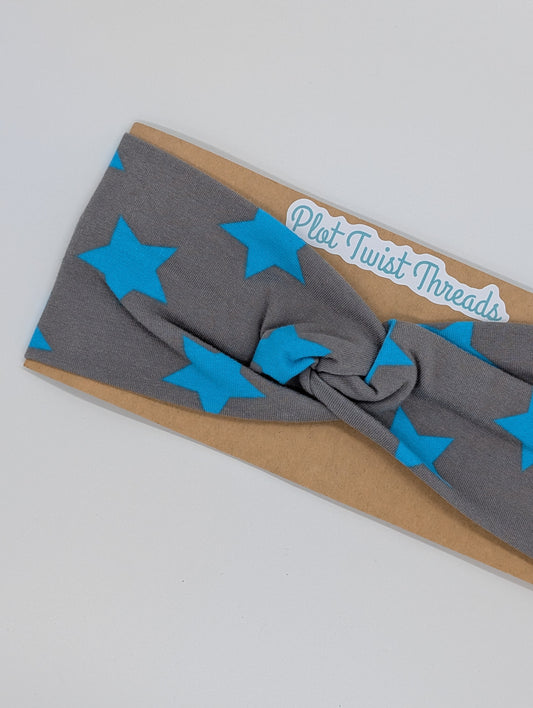 Adult Twist Headband - Blue Stars on Gray