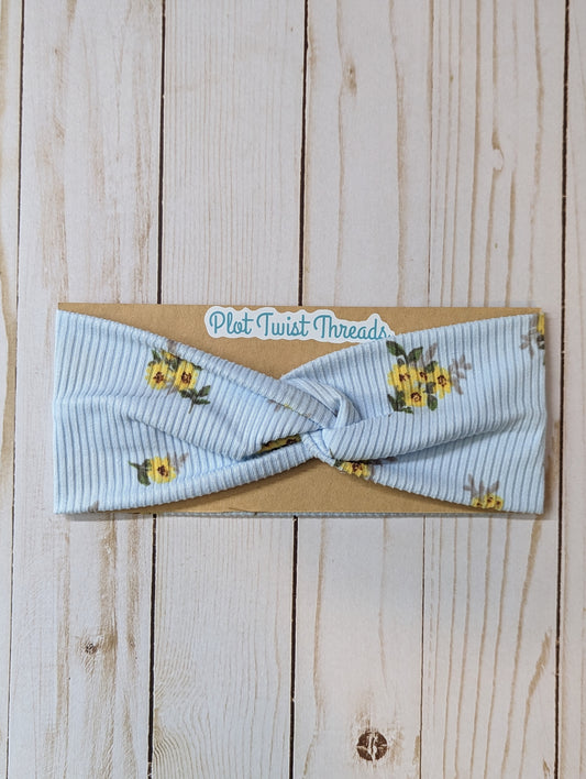 Adult Headband - Rib Knit - Light Blue w/ Yellow Flowers