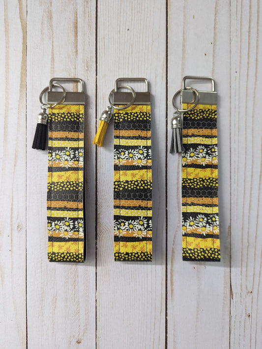 Wristlet Key Fob - Faux Leather Key Fob - Black and Yellow Stripe Flowers and Bees