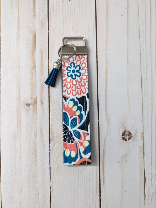 Wristlet Key Fob - Cotton Key Fob - Blue/Pink Floral