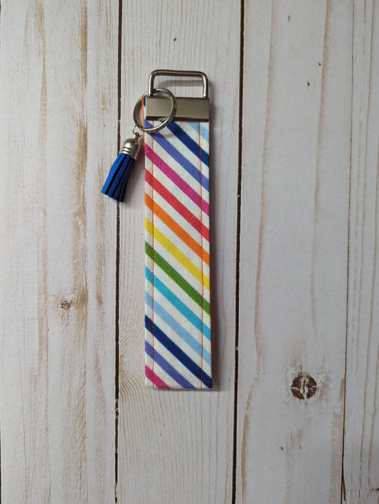 Wristlet Key Fob - Cotton Key Fob - Diagonal Rainbow Stripes