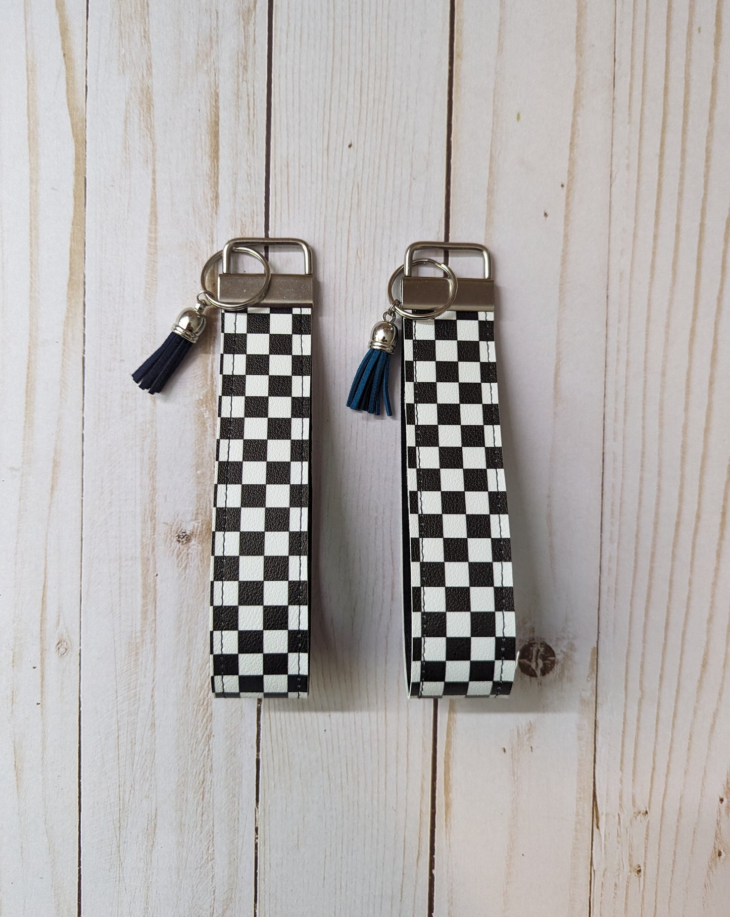 Wristlet Key Fob - Faux Leather Key Fob - Black and White Checkered