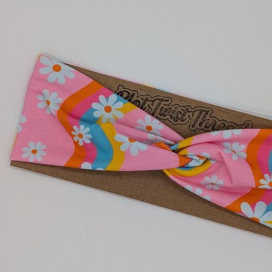 Youth Twist Headband - Pink Wavy Stripe Daisies