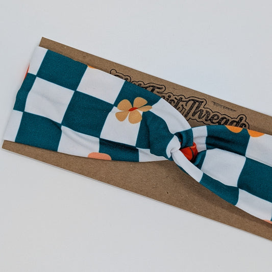 Youth Twist Headband - Green Floral Check