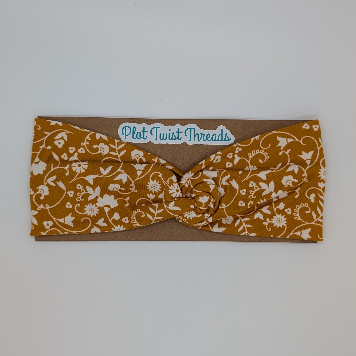 Adult Twist Headband - Mustard with White Vines