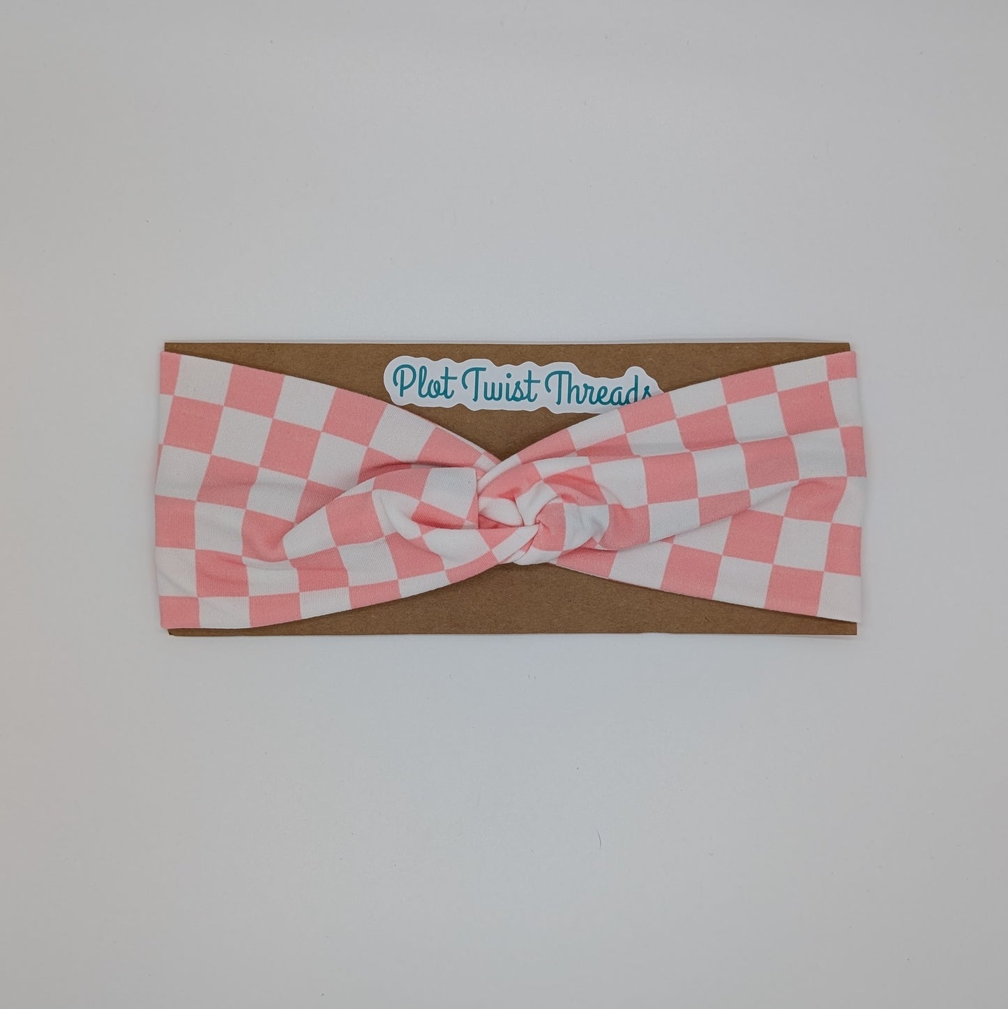 Adult Twist Headband - Checkered Pink and White