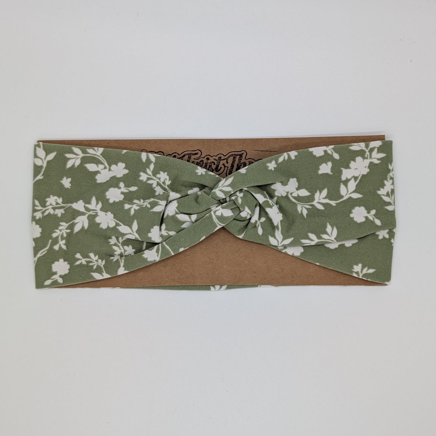 Adult Twist Headband - Green with White Flowers