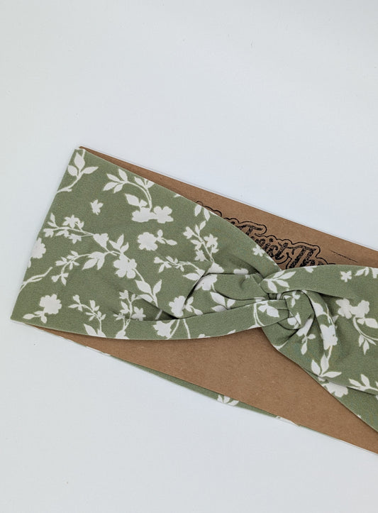 Adult Twist Headband - Green with White Flowers