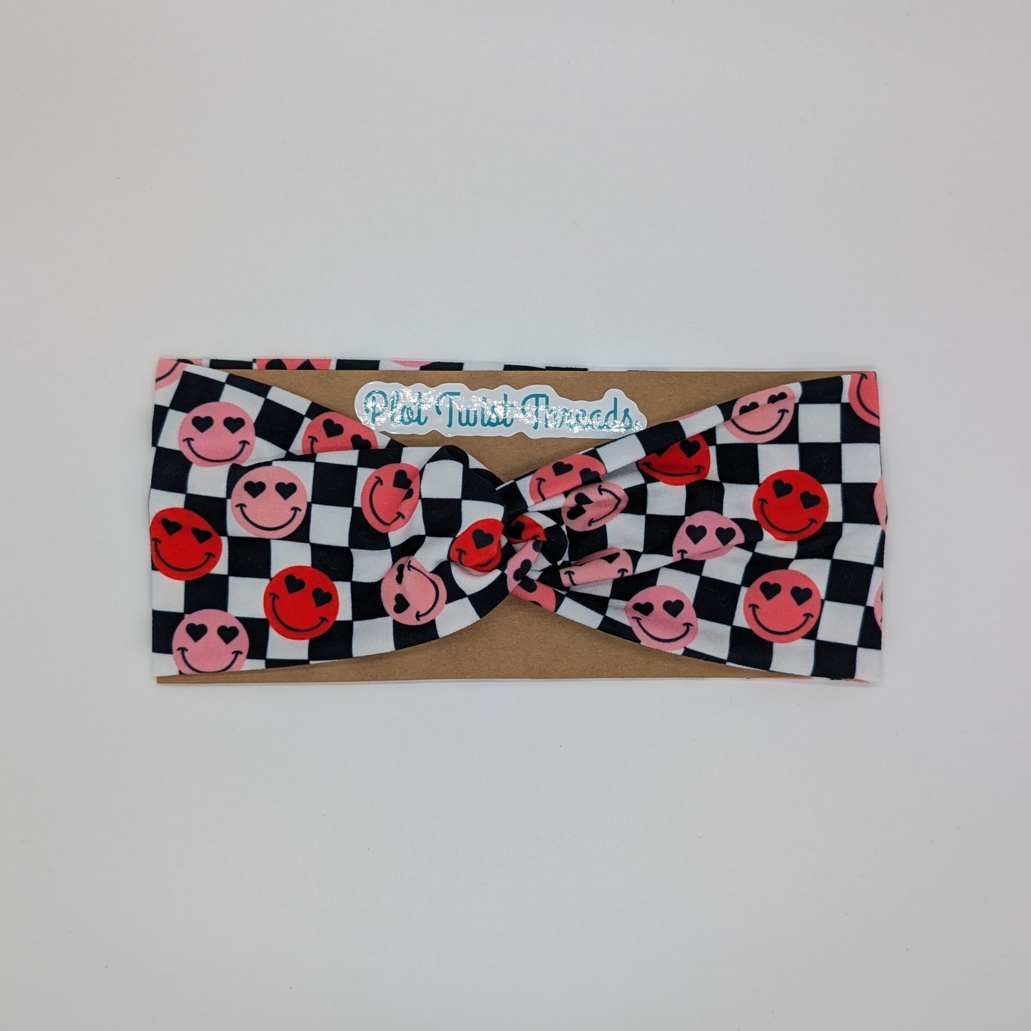 Adult Twist Headband - Checkered Heart Eye Smileys