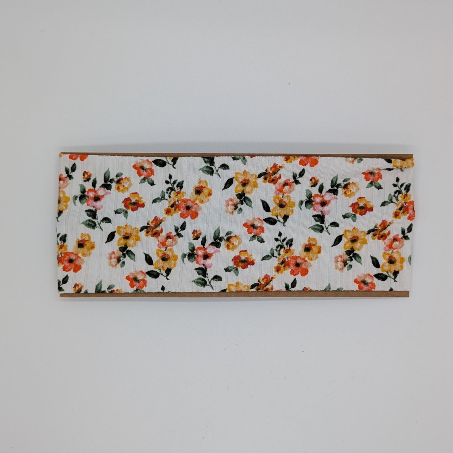 Adult Twist Headband - Rib Knit - White with Orange and Yellow Flowers