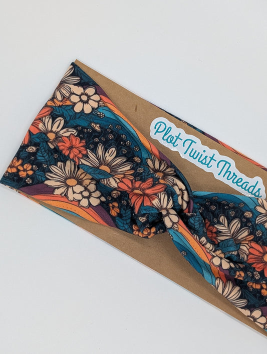 Adult Twist Headband - Teal Floral with Rainbows