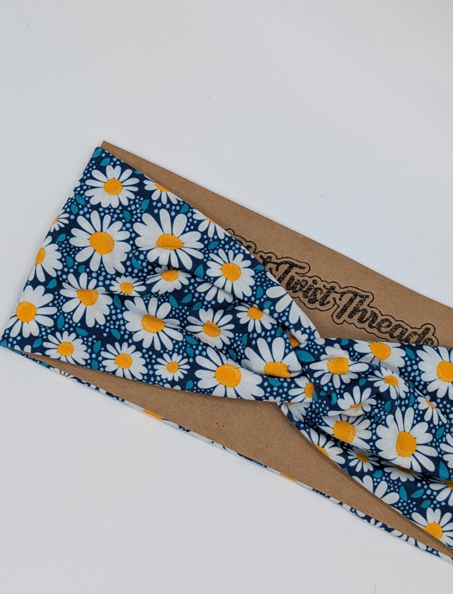 Adult Twist Headband - Blue with White Daisies