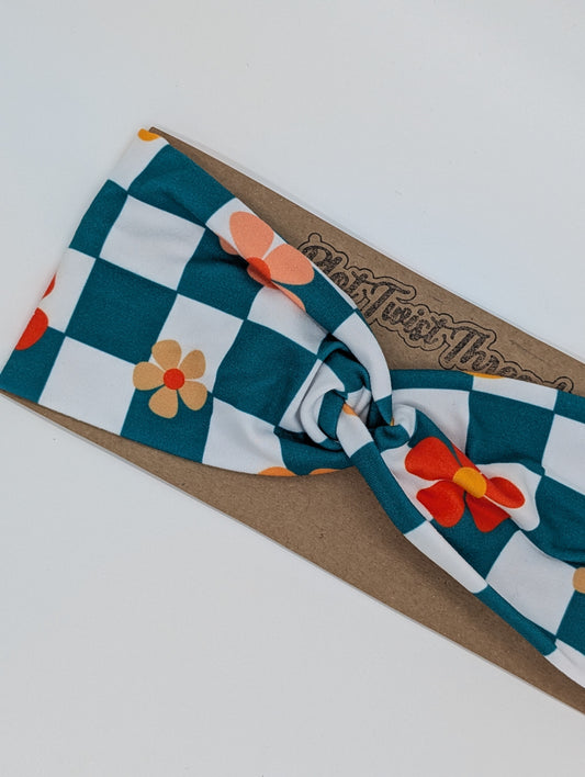 Adult Twist Headband - Green Check Floral