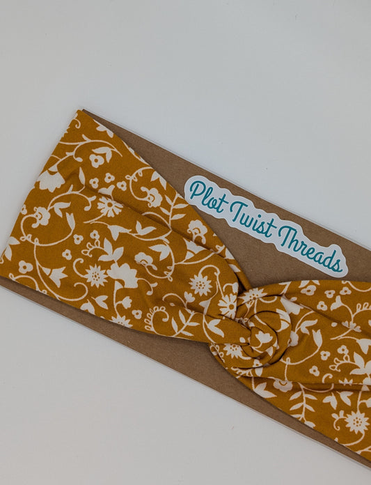 Adult Twist Headband - Mustard with White Vines