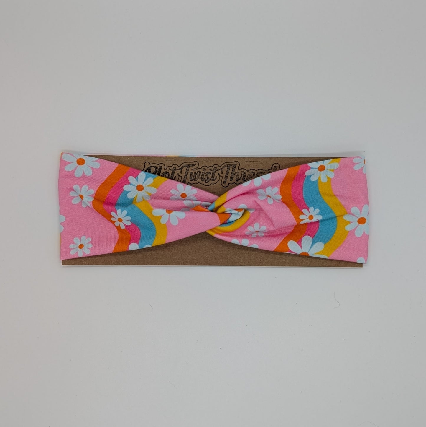 Youth Twist Headband - Pink Wavy Stripe Daisies