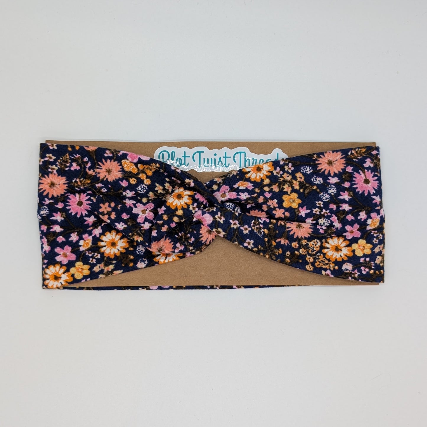 Adult Twist Headband - Pink/Orange Floral on Navy