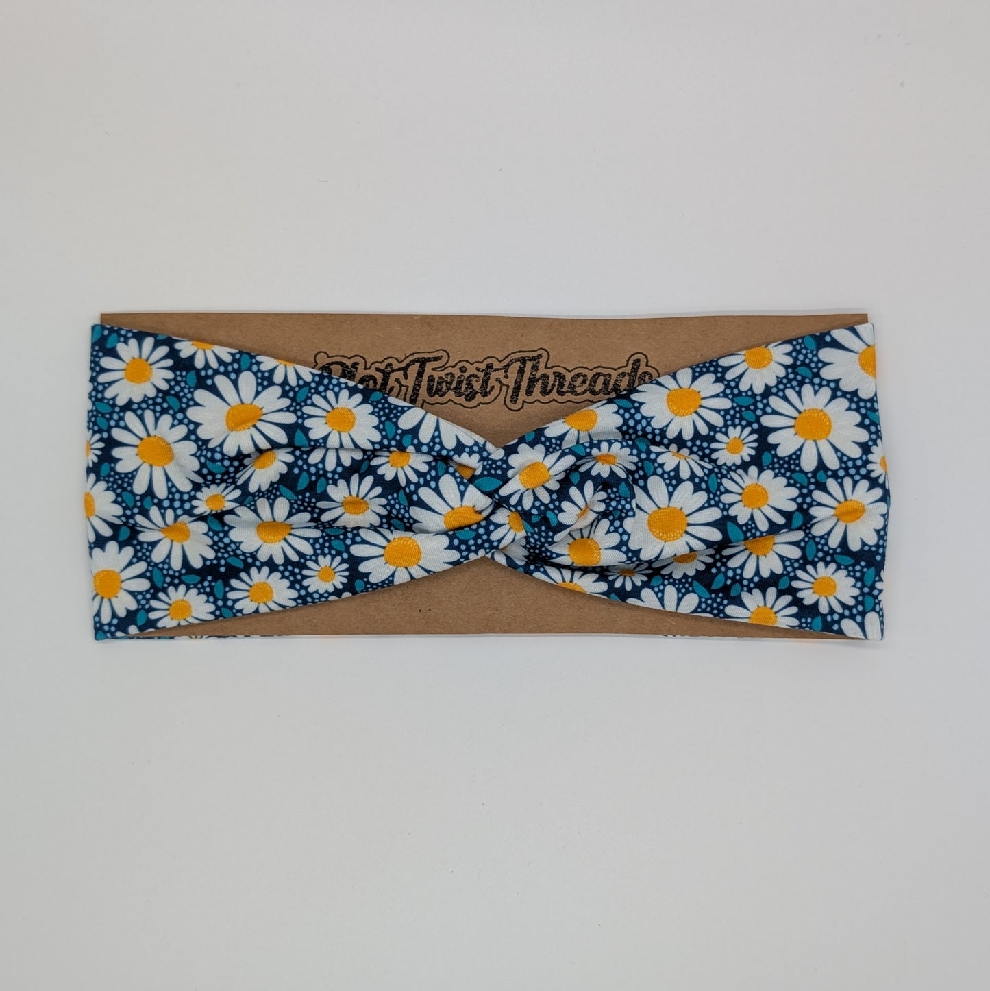 Adult Twist Headband - Blue with White Daisies
