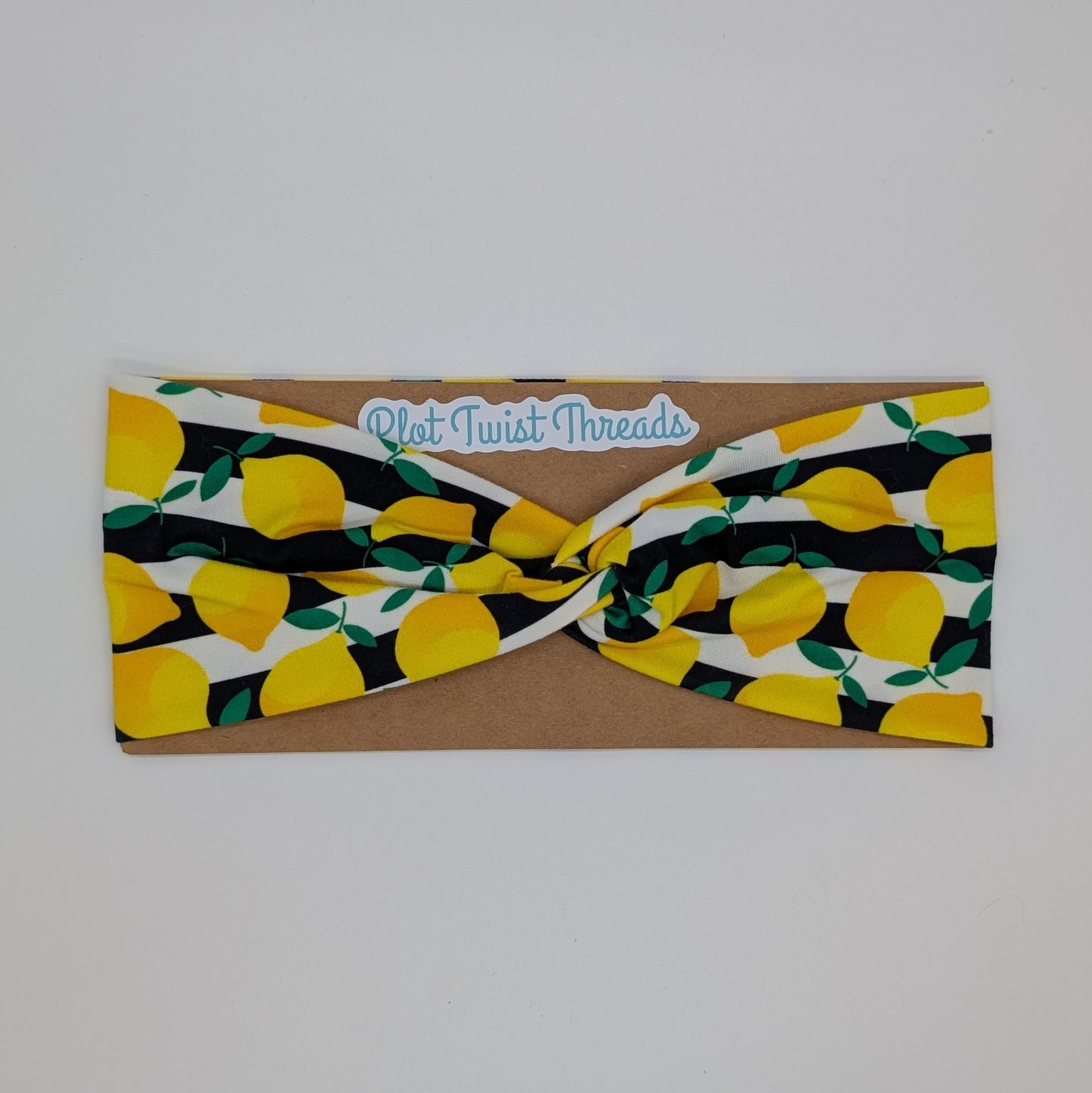 Adult Twist Headband - Lemons B&W Stripes