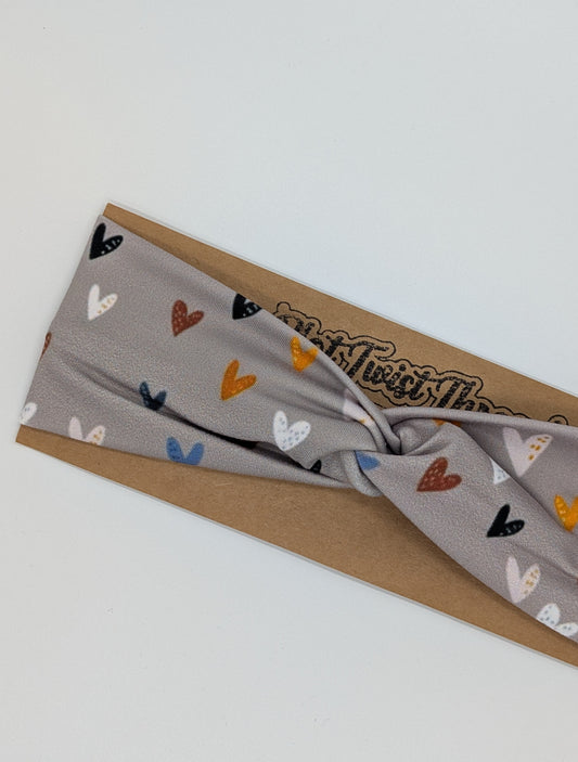 Youth Twist Headband - Gray Hearts