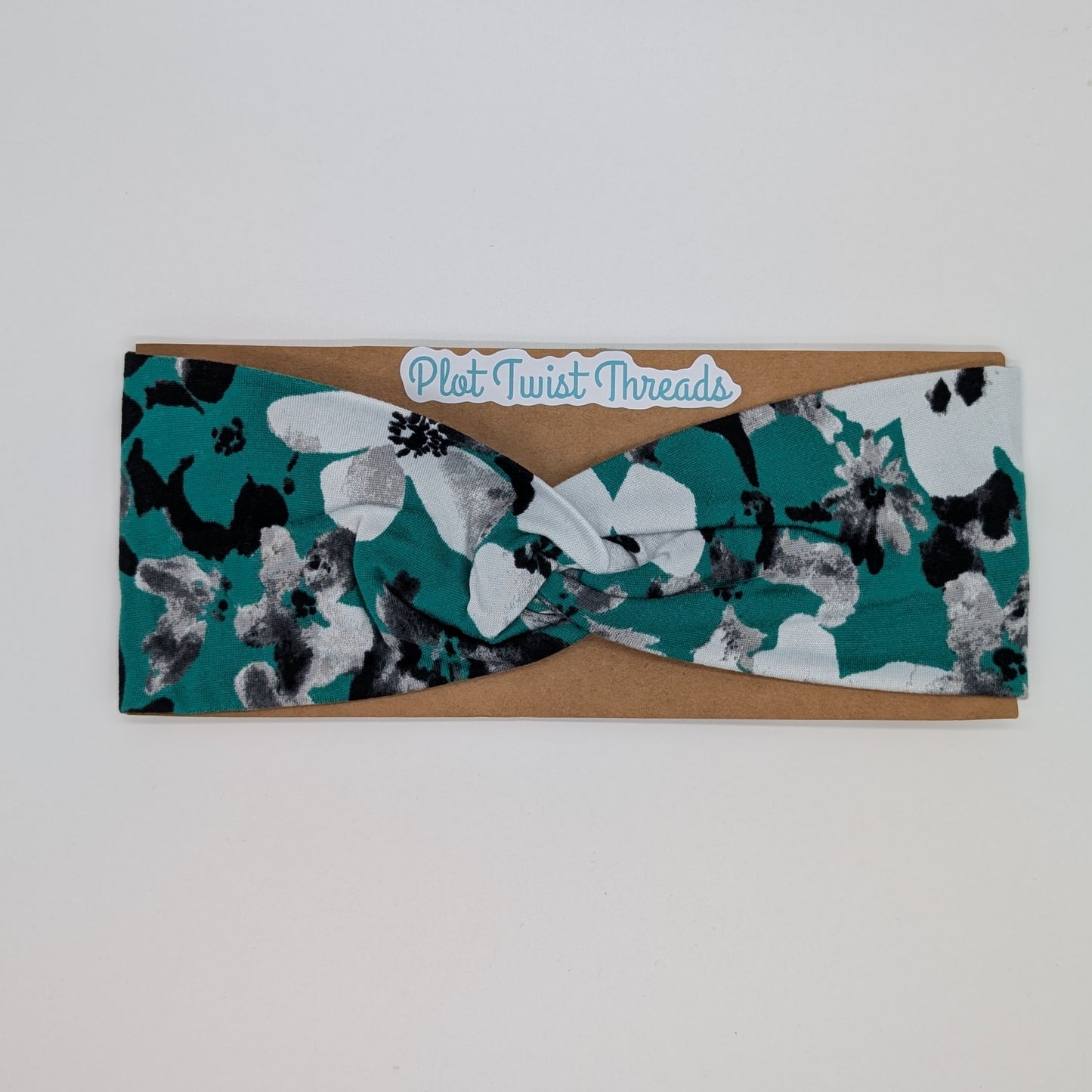 Adult Twist Headband - Green w/ Black & White Flowers