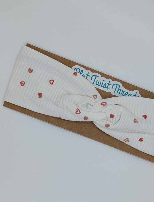 Youth Twist Headband - Rib Knit - White with Tiny Hearts