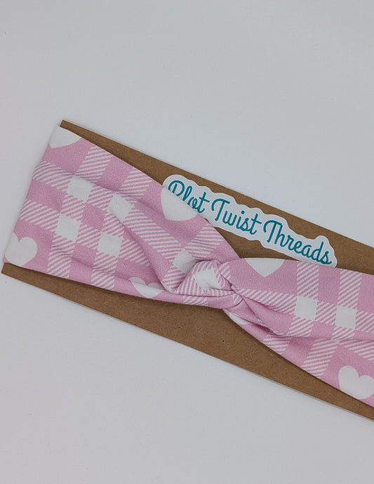 Youth Twist Headband - Pink Gingham Hearts