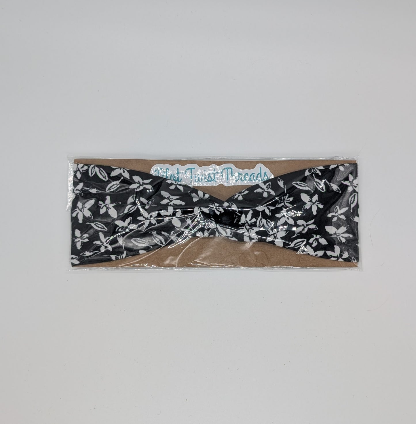 Youth Twist Headband - Black with White Flowers