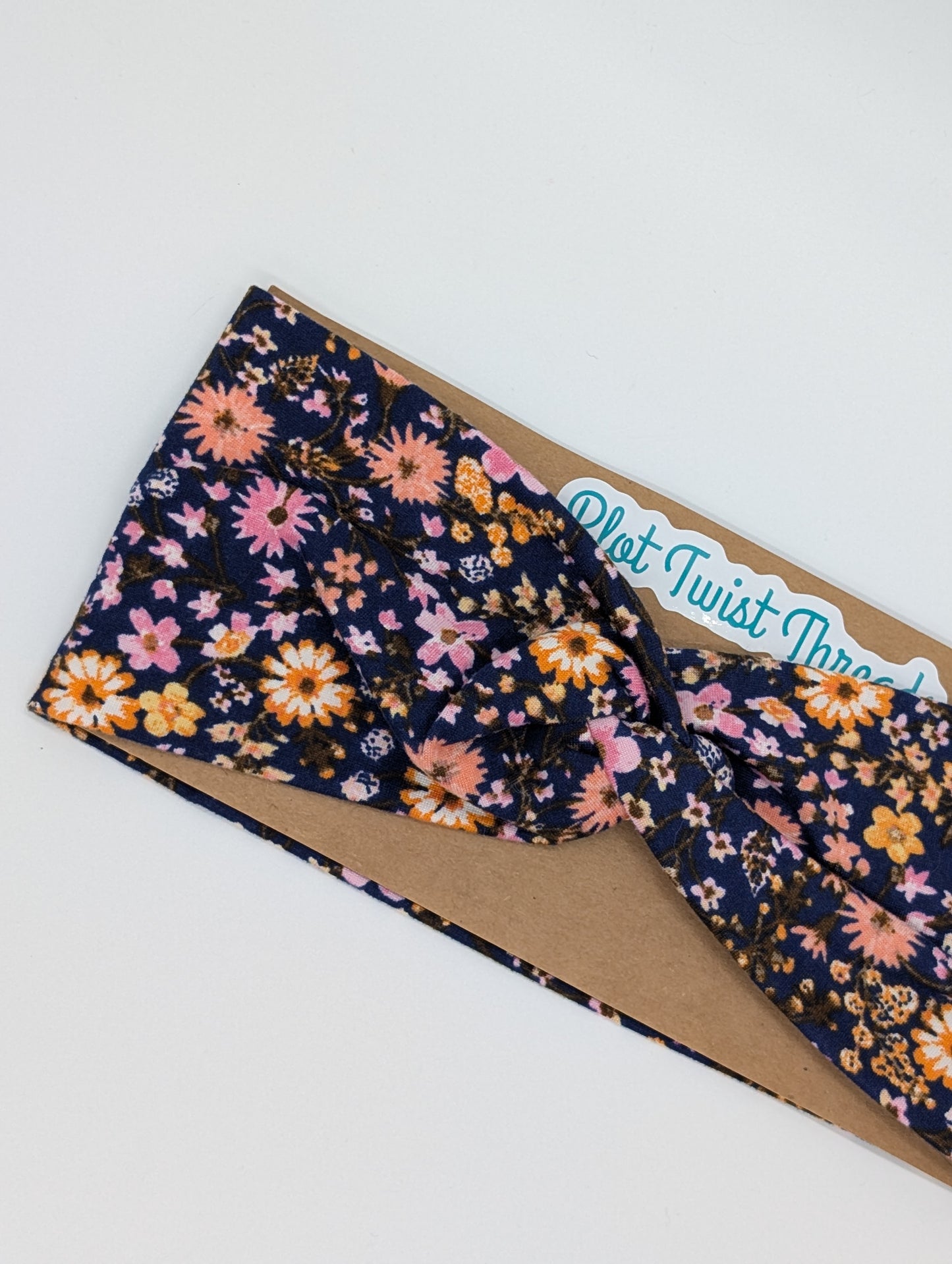 Adult Twist Headband - Pink/Orange Floral on Navy