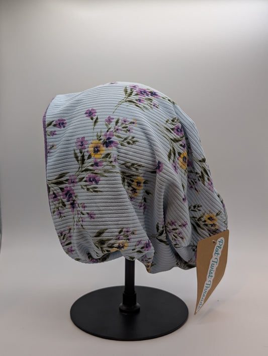 Beanie - Slouchy Beanie - Rib Knit - Blue Floral